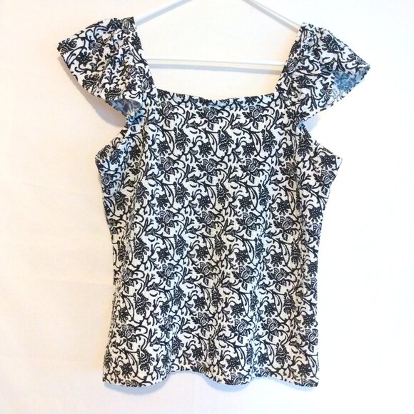 Loft Textured Floral Top S Feminine Cottagecore Parisian Romantic Black White - Picture 4 of 7